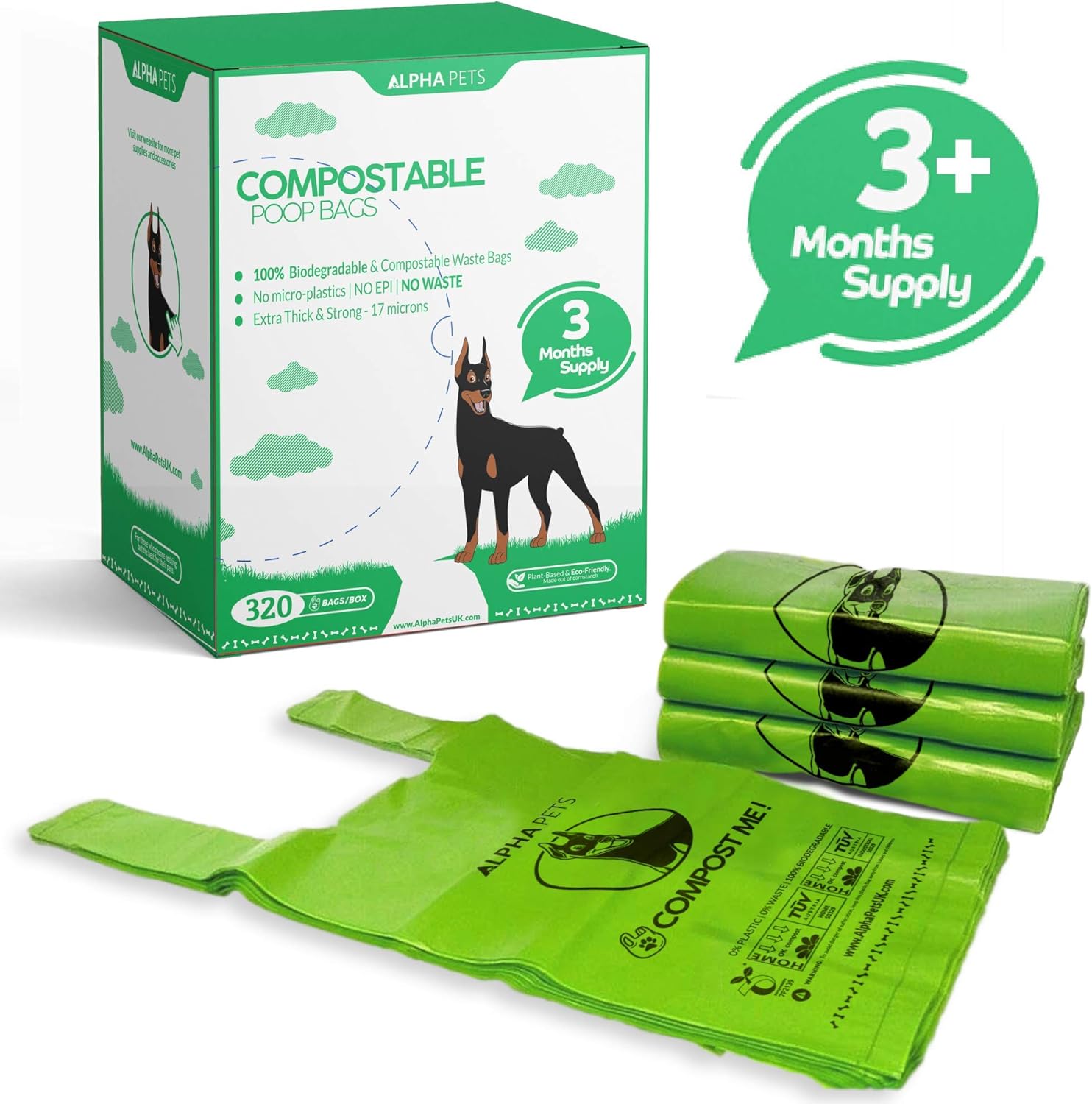 Alpha Pets Compostable Dog Poo Bags With Easy-Tie Handles - 320 Medium-Large Biodegradable Cornstarch Pet Waste Bags - 3 Month Supply With Dispenser Box-7