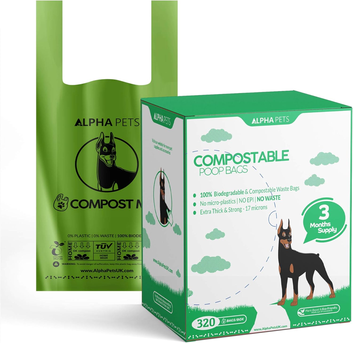 Alpha Pets Compostable Dog Poo Bags With Easy-Tie Handles - 320 Medium-Large Biodegradable Cornstarch Pet Waste Bags - 3 Month Supply With Dispenser Box-8