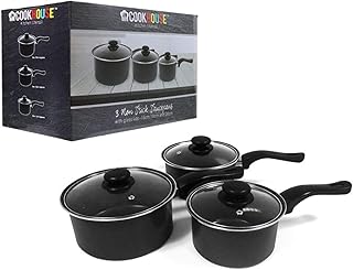 Non Stick Saucepan Set of 3 Premium Kitchen Cooking Graphite Saute Pans with Glass Lids Inner Coated 3 Sizes 16cm, 18cm & 20cm Everyday Cooking Essential