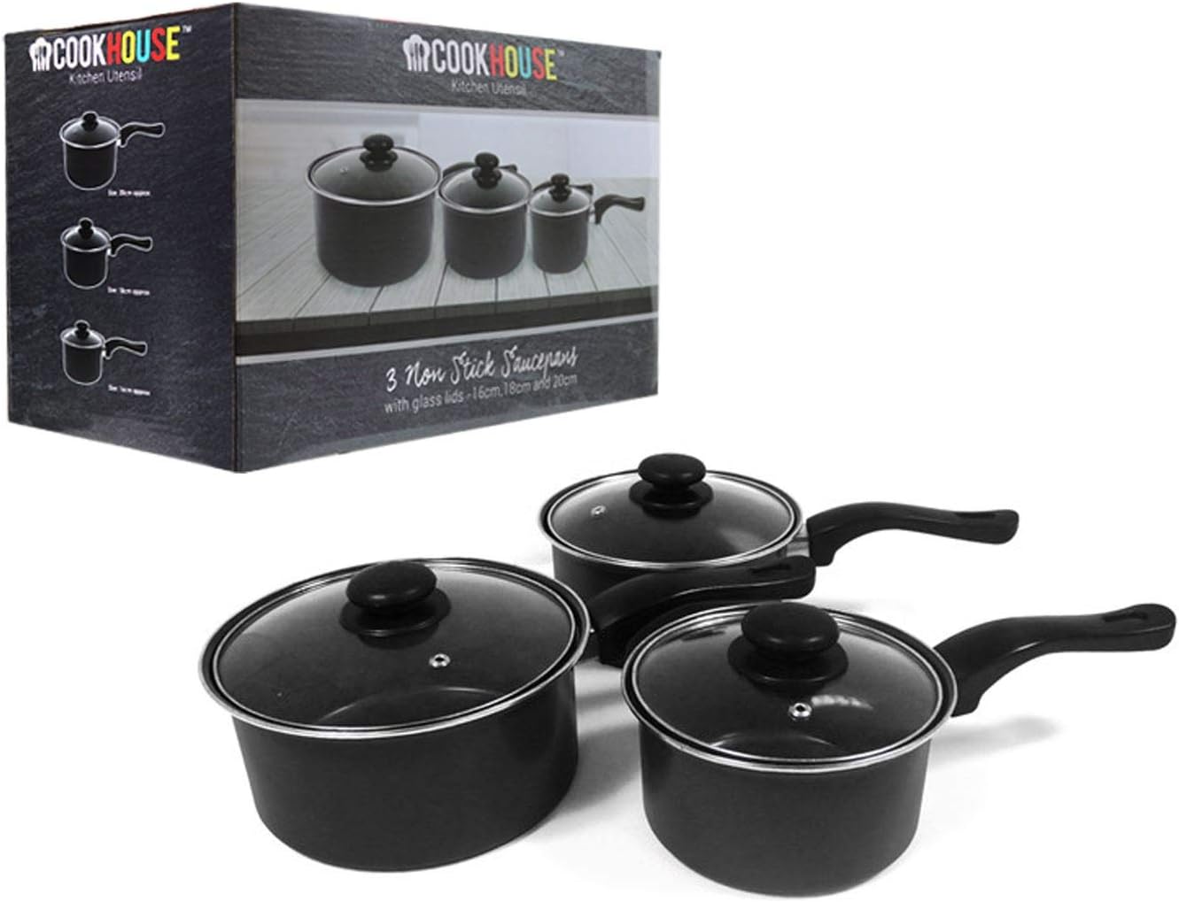 Non Stick Saucepan Set of 3 Premium Kitchen Cooking Graphite Saute Pans with Glass Lids Inner Coated 3 Sizes 16cm, 18cm & 20cm Everyday Cooking Essential-0