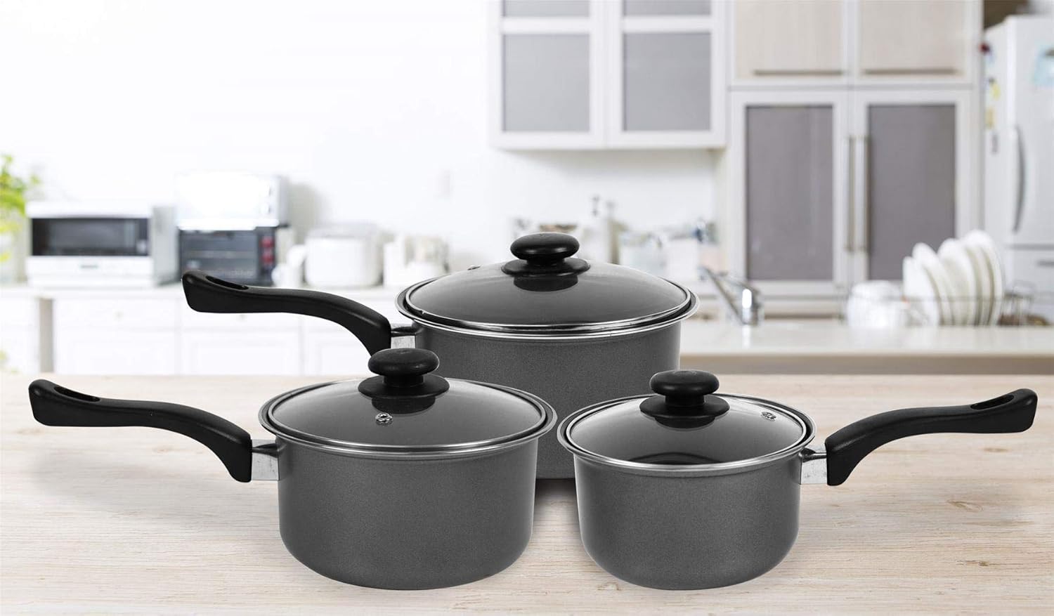 Non Stick Saucepan Set of 3 Premium Kitchen Cooking Graphite Saute Pans with Glass Lids Inner Coated 3 Sizes 16cm, 18cm & 20cm Everyday Cooking Essential-1