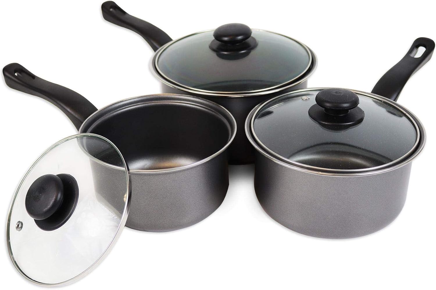 Non Stick Saucepan Set of 3 Premium Kitchen Cooking Graphite Saute Pans with Glass Lids Inner Coated 3 Sizes 16cm, 18cm & 20cm Everyday Cooking Essential-2