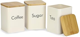 Kitchen Canister Set - 3 Piece | Cream Tins | Tea, Coffee & Sugar Canisters | Kitchen Container Set with Bamboo Lids | Food Storage Containers | M&W