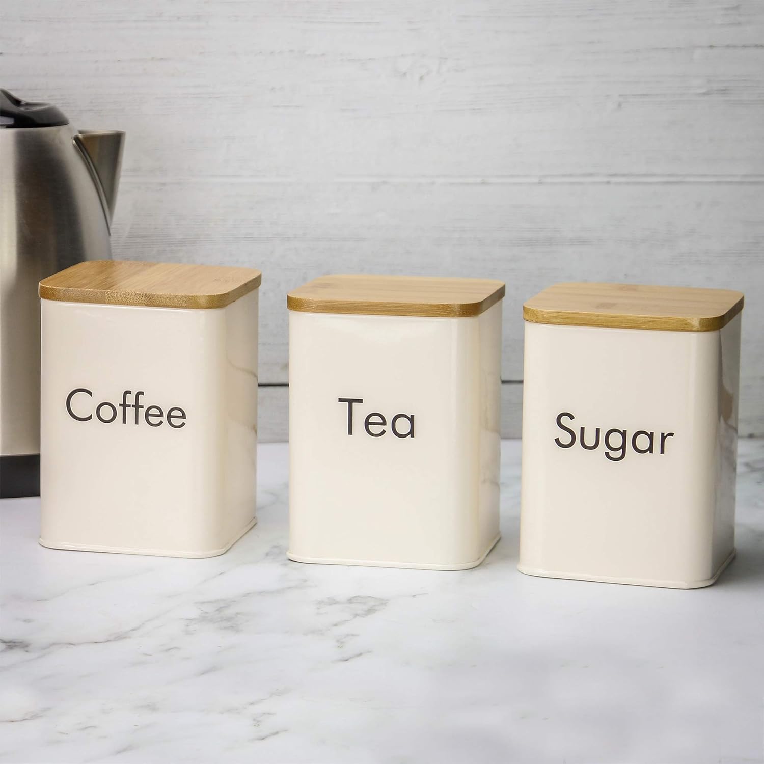 Kitchen Canister Set - 3 Piece | Cream Tins | Tea, Coffee & Sugar Canisters | Kitchen Container Set with Bamboo Lids | Food Storage Containers | M&W-3