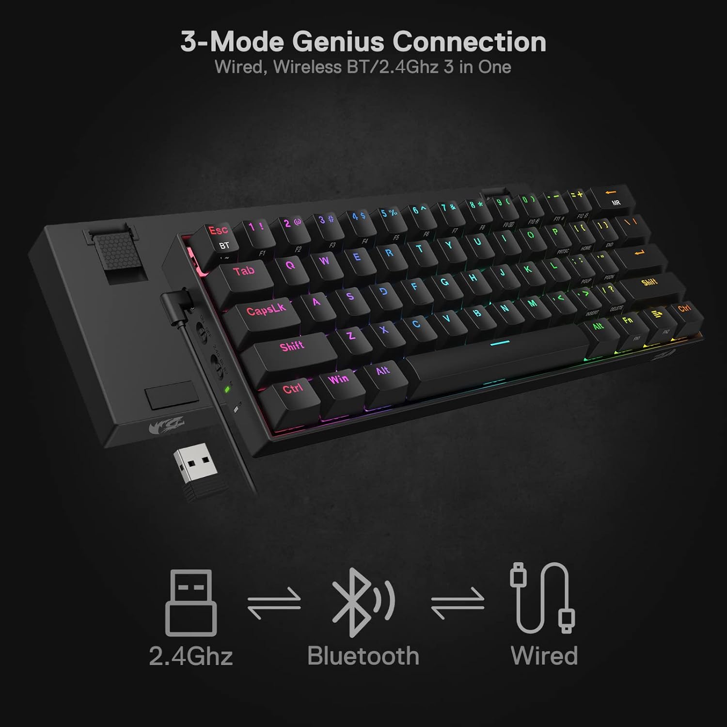 Redragon K530 Pro Draconic 60% Wireless RGB Mechanical Keyboard, Bluetooth/2.4Ghz/Wired 3-Mode 61 Keys Compact Gaming Keyboard w/100% Hot-Swap Socket, Free-Mod Plate Mounted PCB & Tactile Brown Switch-1