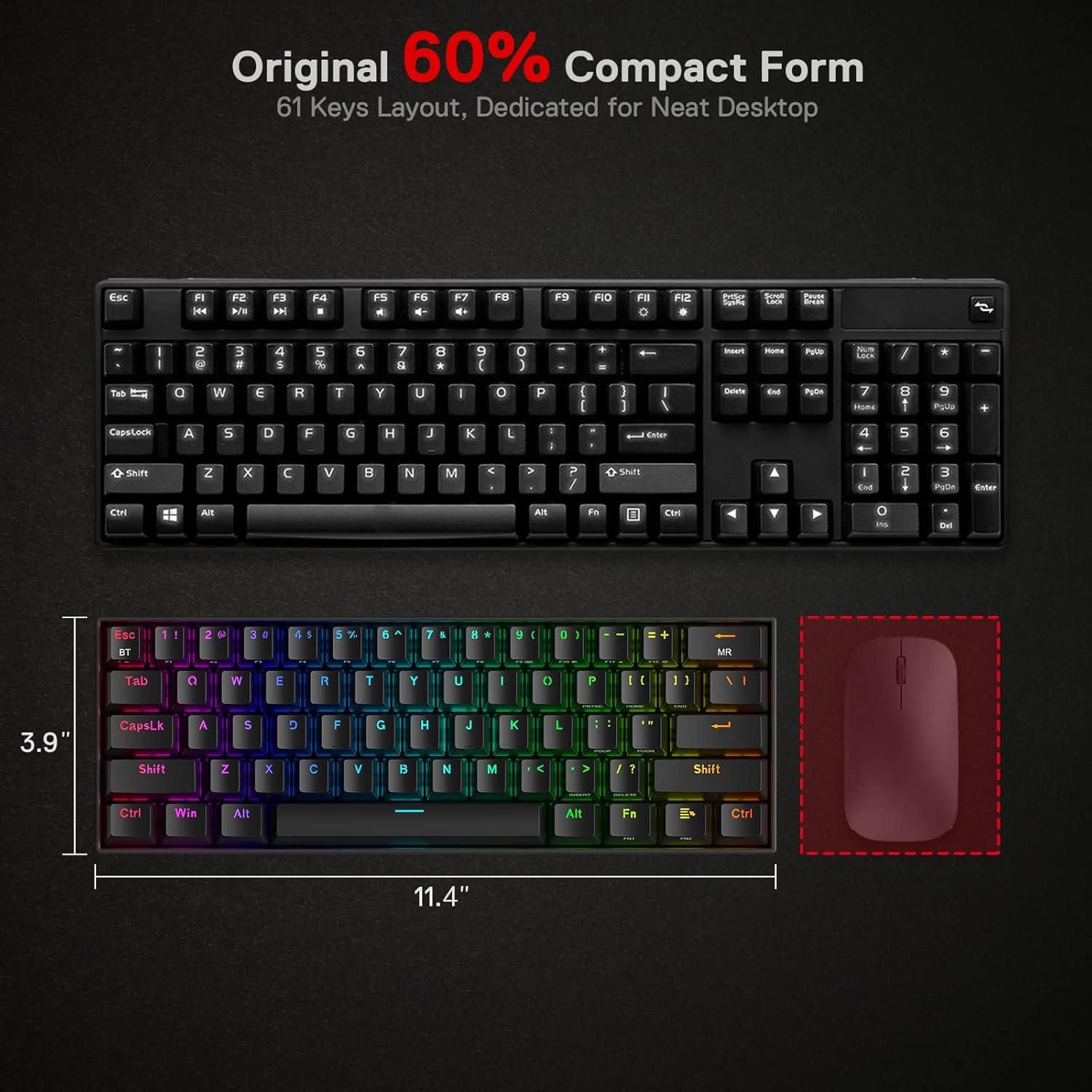 Redragon K530 Pro Draconic 60% Wireless RGB Mechanical Keyboard, Bluetooth/2.4Ghz/Wired 3-Mode 61 Keys Compact Gaming Keyboard w/100% Hot-Swap Socket, Free-Mod Plate Mounted PCB & Tactile Brown Switch-4