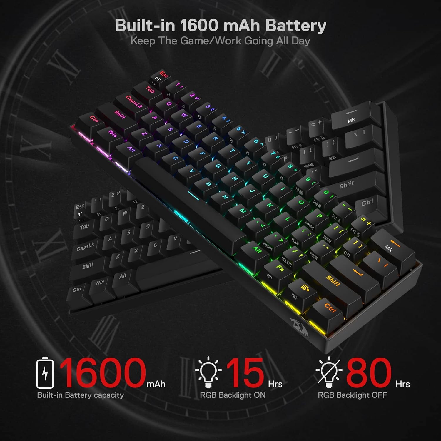 Redragon K530 Pro Draconic 60% Wireless RGB Mechanical Keyboard, Bluetooth/2.4Ghz/Wired 3-Mode 61 Keys Compact Gaming Keyboard w/100% Hot-Swap Socket, Free-Mod Plate Mounted PCB & Tactile Brown Switch-6