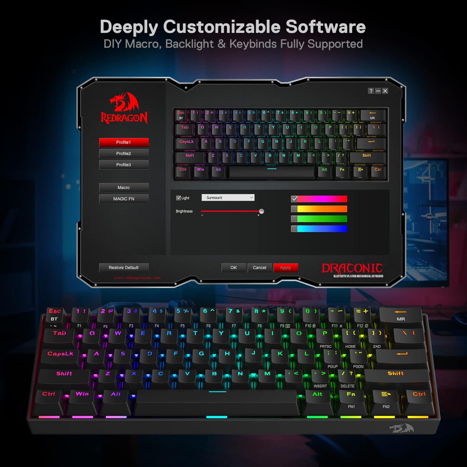 Redragon K530 Pro Draconic 60% Wireless RGB Mechanical Keyboard, Bluetooth/2.4Ghz/Wired 3-Mode 61 Keys Compact Gaming Keyboard w/100% Hot-Swap Socket, Free-Mod Plate Mounted PCB & Tactile Brown Switch-7