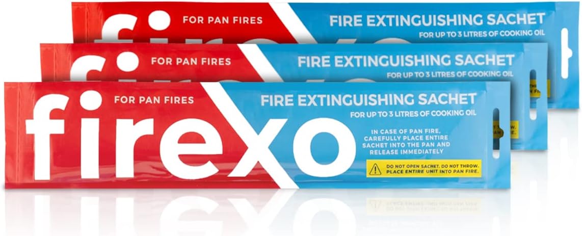 Firexo Pan Fire Extinguisher Sachet (Pack of 3) - Fire Extinguisher Blanket Alternative - Pan Fire Safety Extinguisher for all Oil & Fat Cooking Pan Fires, Home BBQ, Camping, Auto, RVs & Caravan-0