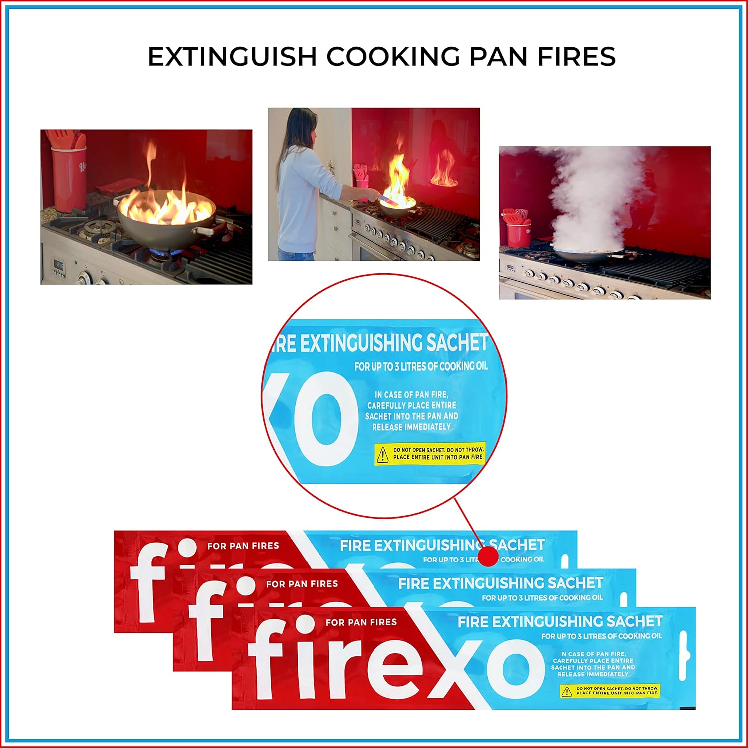 Firexo Pan Fire Extinguisher Sachet (Pack of 3) - Fire Extinguisher Blanket Alternative - Pan Fire Safety Extinguisher for all Oil & Fat Cooking Pan Fires, Home BBQ, Camping, Auto, RVs & Caravan-1