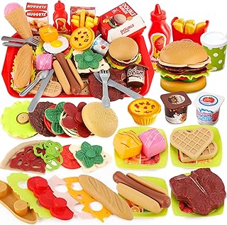 BUYGER Pretend Play Food Sets for Children 3+ Years Old, Kids Play Kitchen Shop Accessories Plastic Fast Food Playset - Christmas Role Play Toys Gift for Kids Boys Girls