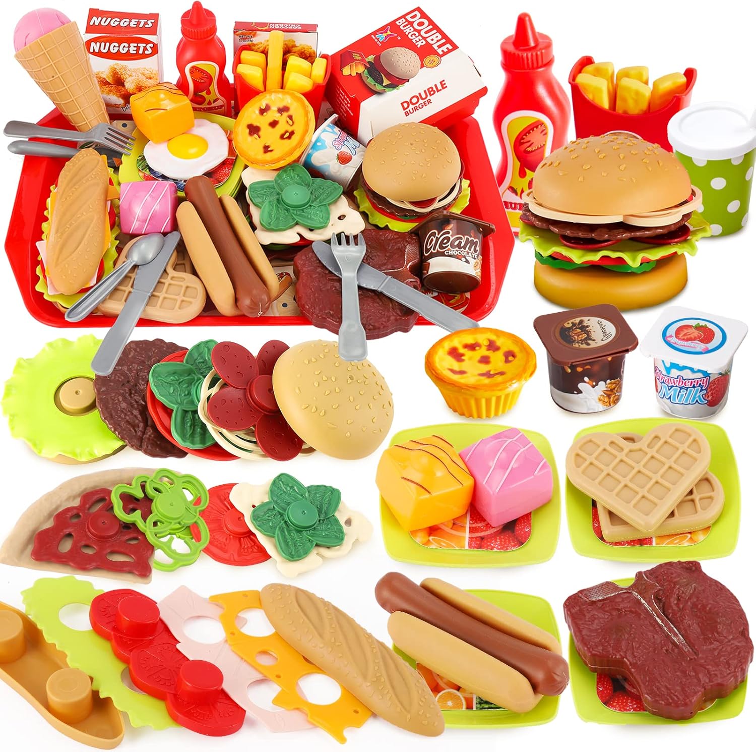 BUYGER Pretend Play Food Sets for Children 3+ Years Old, Kids Play Kitchen Shop Accessories Plastic Fast Food Playset - Christmas Role Play Toys Gift for Kids Boys Girls-0