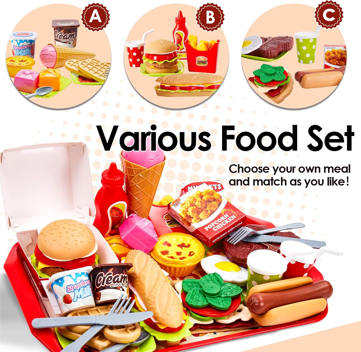 BUYGER Pretend Play Food Sets for Children 3+ Years Old, Kids Play Kitchen Shop Accessories Plastic Fast Food Playset - Christmas Role Play Toys Gift for Kids Boys Girls-2