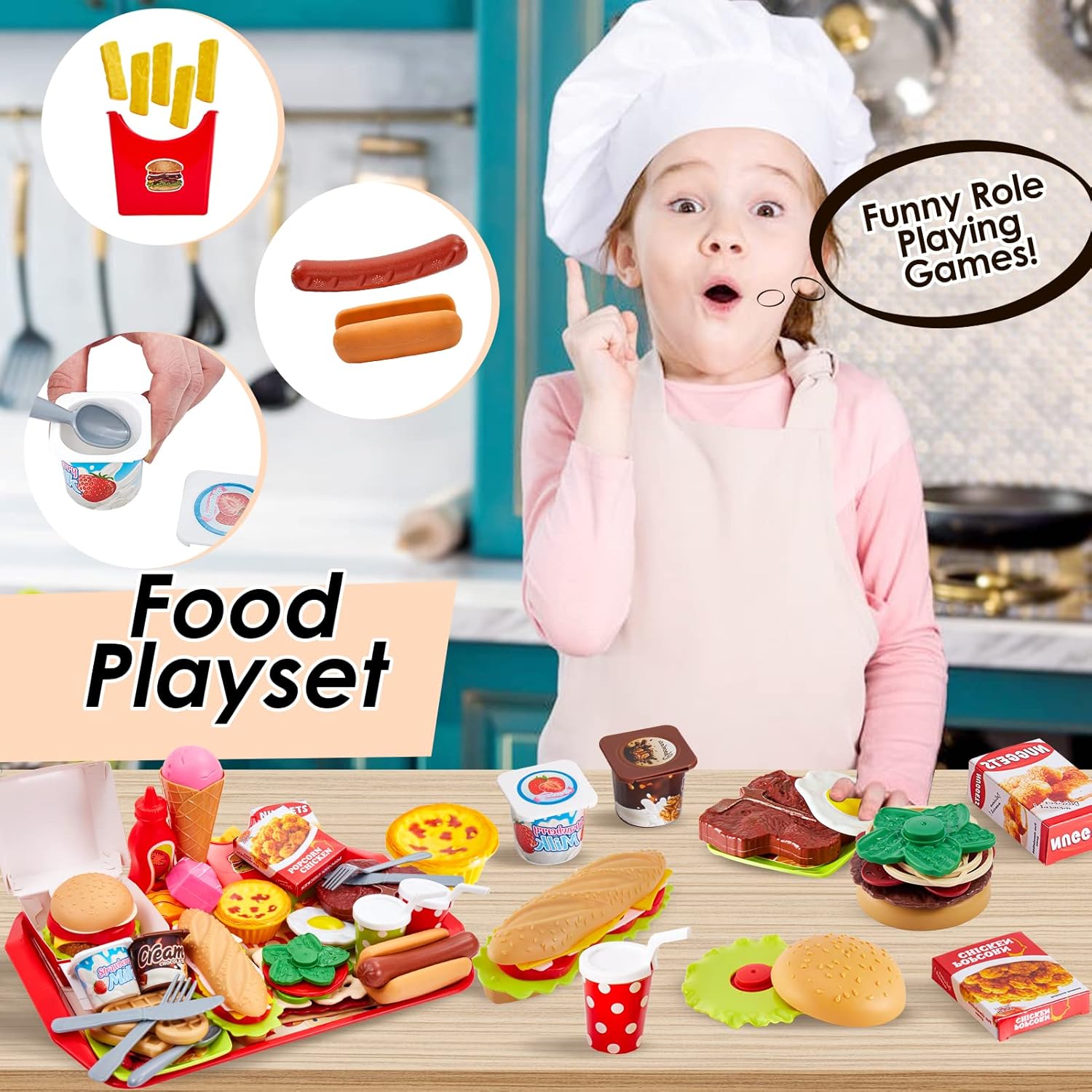 BUYGER Pretend Play Food Sets for Children 3+ Years Old, Kids Play Kitchen Shop Accessories Plastic Fast Food Playset - Christmas Role Play Toys Gift for Kids Boys Girls-4