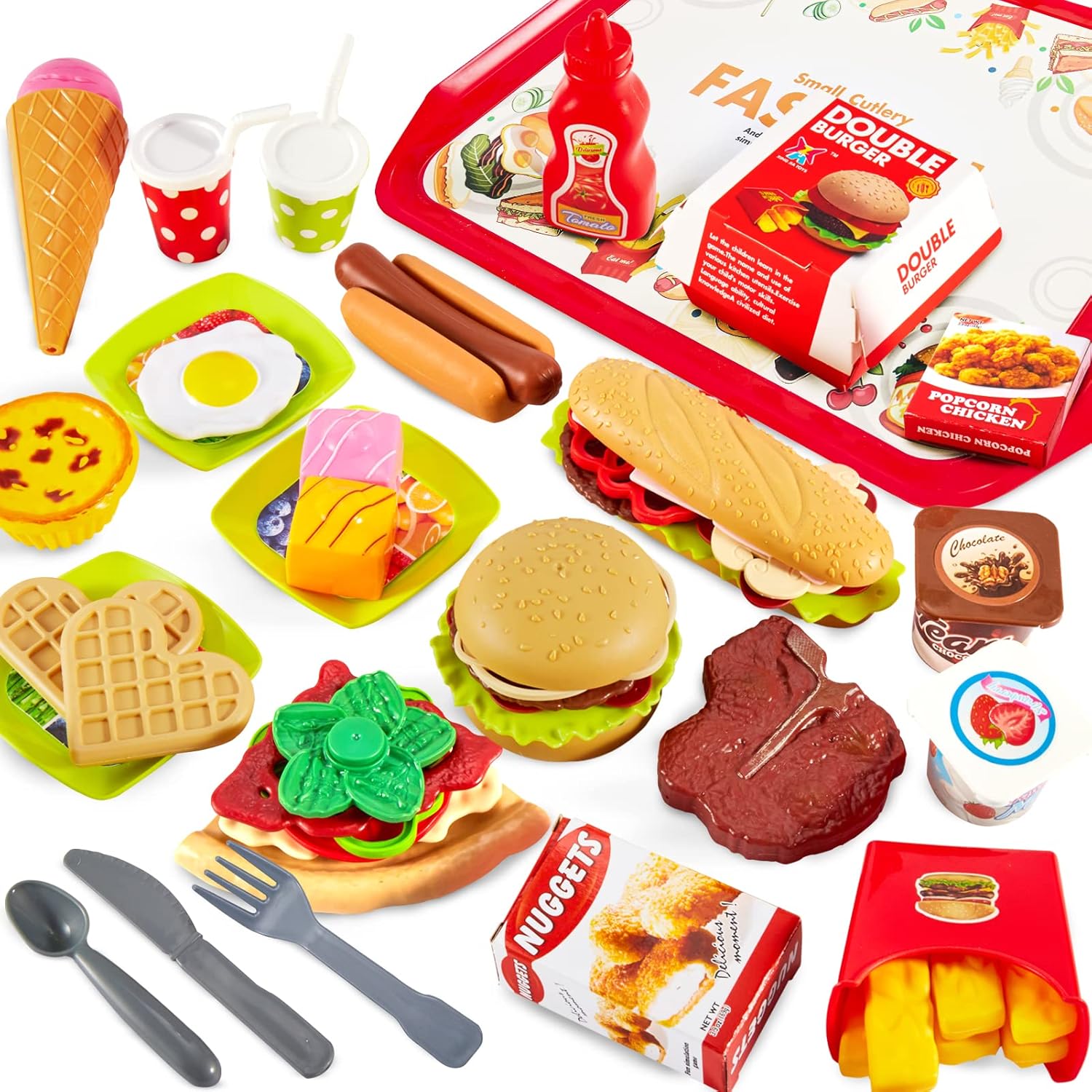 BUYGER Pretend Play Food Sets for Children 3+ Years Old, Kids Play Kitchen Shop Accessories Plastic Fast Food Playset - Christmas Role Play Toys Gift for Kids Boys Girls-5