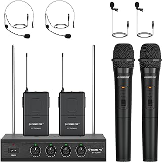 Wireless Microphone System, Phenyx Pro 4-Channel VHF Wireless Microphone Set with 2 Handhelds/2 Bodypacks/2 Lapels/ 2 Headset, Metal Receiver, Suitable for Church, Meeting, Conference(PTV-2000B)