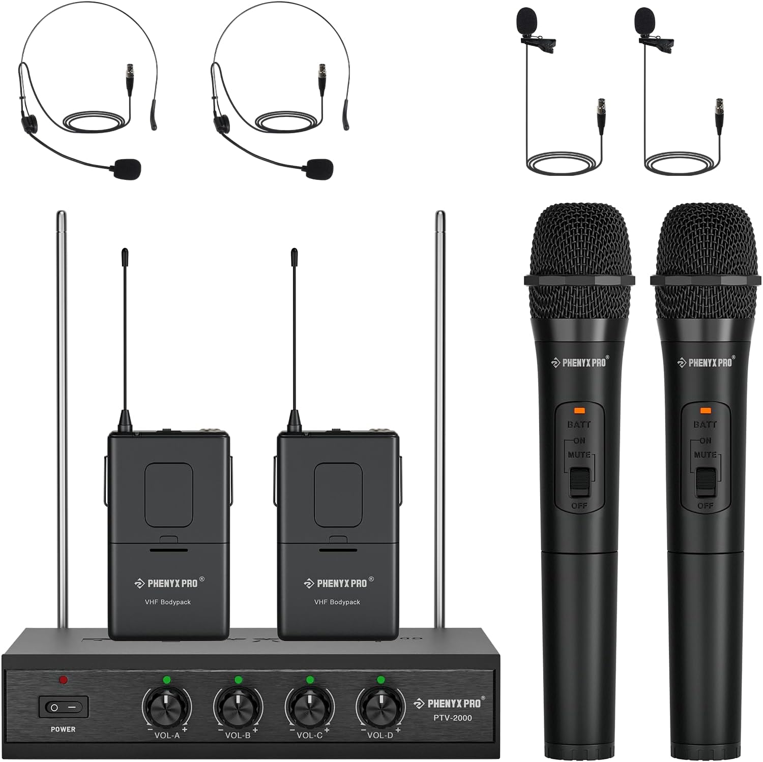 Wireless Microphone System, Phenyx Pro 4-Channel VHF Wireless Microphone Set with 2 Handhelds/2 Bodypacks/2 Lapels/ 2 Headset, Metal Receiver, Suitable for Church, Meeting, Conference(PTV-2000B)-0