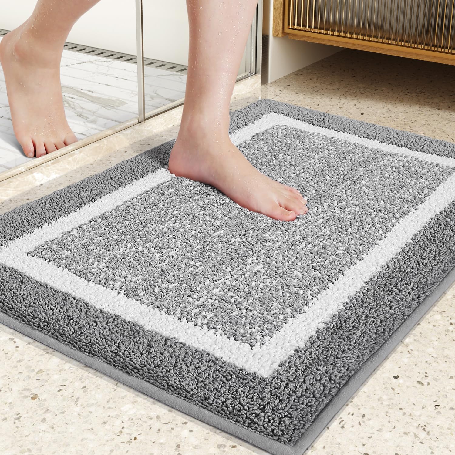 COLOR&GEOMETRY Absorbent Bath Mat 40 x 60 cm, Soft Bathroom Mat Non Slip, Machine Washable Bathroom Rug Bathmat Bath Mats for Bathroom Bathtub Shower (Grey)-0