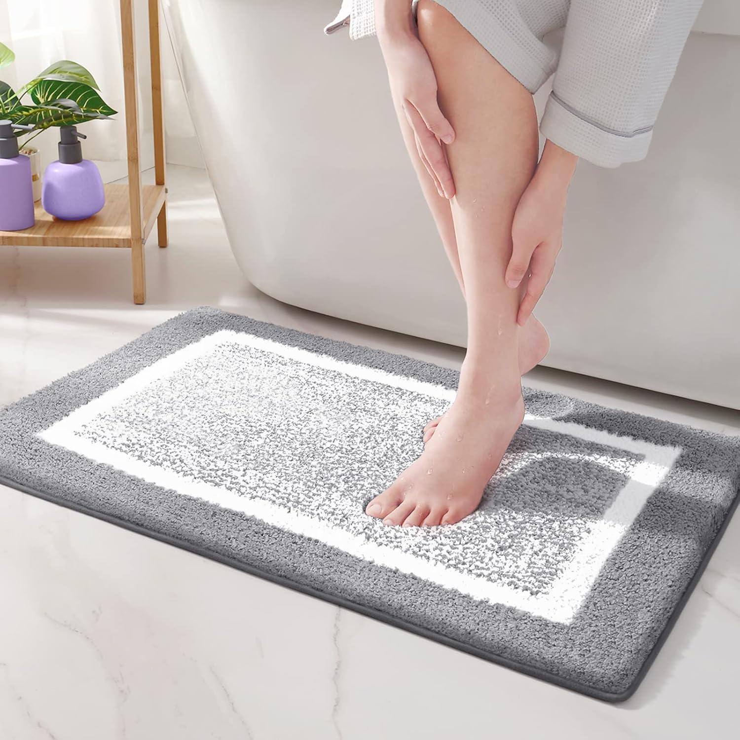 COLOR&GEOMETRY Absorbent Bath Mat 40 x 60 cm, Soft Bathroom Mat Non Slip, Machine Washable Bathroom Rug Bathmat Bath Mats for Bathroom Bathtub Shower (Grey)-6