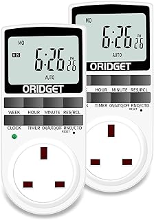 ORIDGET Digital Electrical Timer Plug Socket with 18 On-Off Programs, Countdown and Security Random Mode for Lights and Home Appliances, 24 Hour Weekly Programmable (13A / 2900W) 2pack