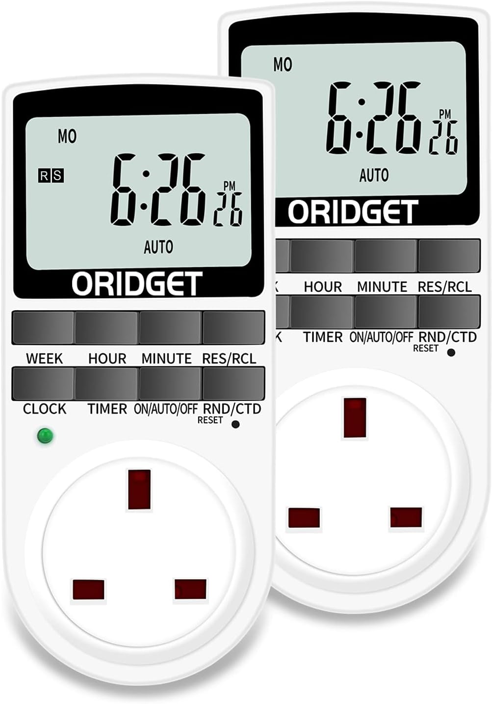 ORIDGET Digital Electrical Timer Plug Socket with 18 On-Off Programs, Countdown and Security Random Mode for Lights and Home Appliances, 24 Hour Weekly Programmable (13A / 2900W) 2pack-0