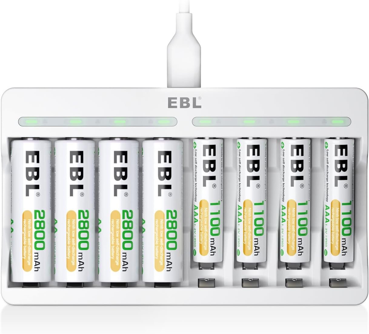 EBL 8 Slots AA AAA Battery Charger and 4 AA and 4 AAA Rechargeable Batteries - Individual Battery Charger with 5V 2A Fast Charging Function with Rechargeable Battery AA AAA Sets-0