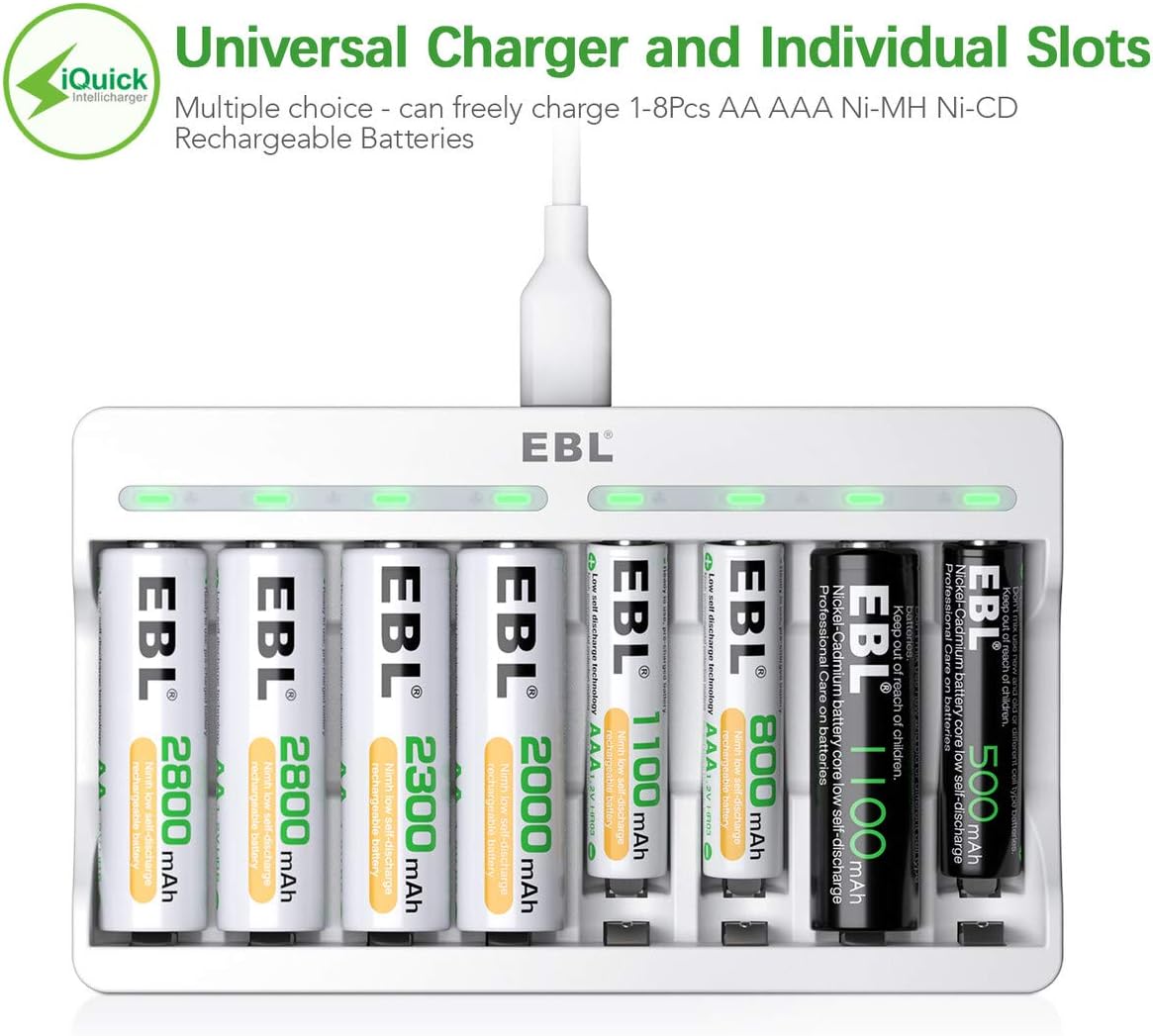 EBL 8 Slots AA AAA Battery Charger and 4 AA and 4 AAA Rechargeable Batteries - Individual Battery Charger with 5V 2A Fast Charging Function with Rechargeable Battery AA AAA Sets-1