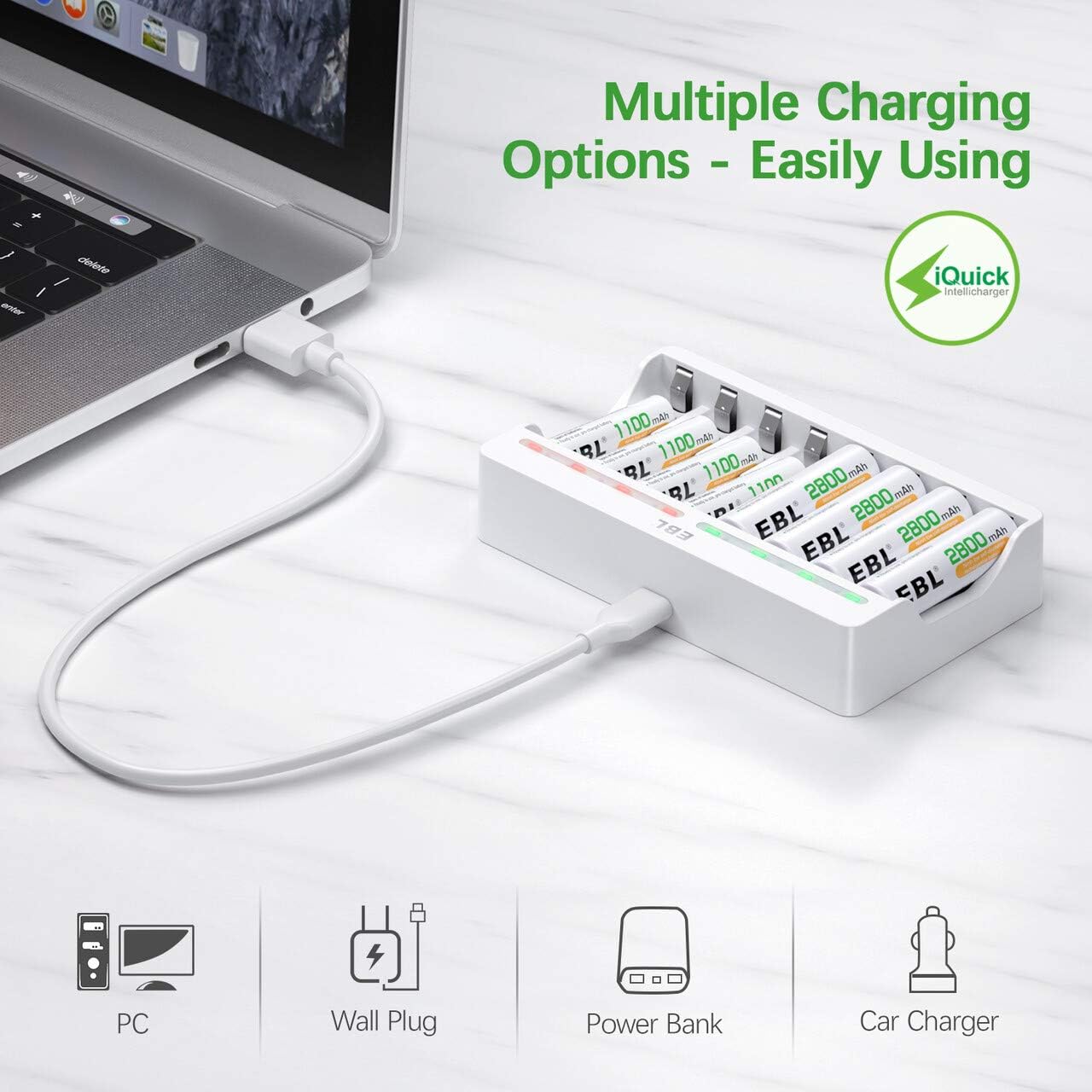 EBL 8 Slots AA AAA Battery Charger and 4 AA and 4 AAA Rechargeable Batteries - Individual Battery Charger with 5V 2A Fast Charging Function with Rechargeable Battery AA AAA Sets-3