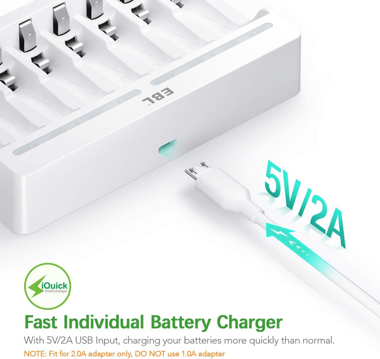 EBL 8 Slots AA AAA Battery Charger and 4 AA and 4 AAA Rechargeable Batteries - Individual Battery Charger with 5V 2A Fast Charging Function with Rechargeable Battery AA AAA Sets-4