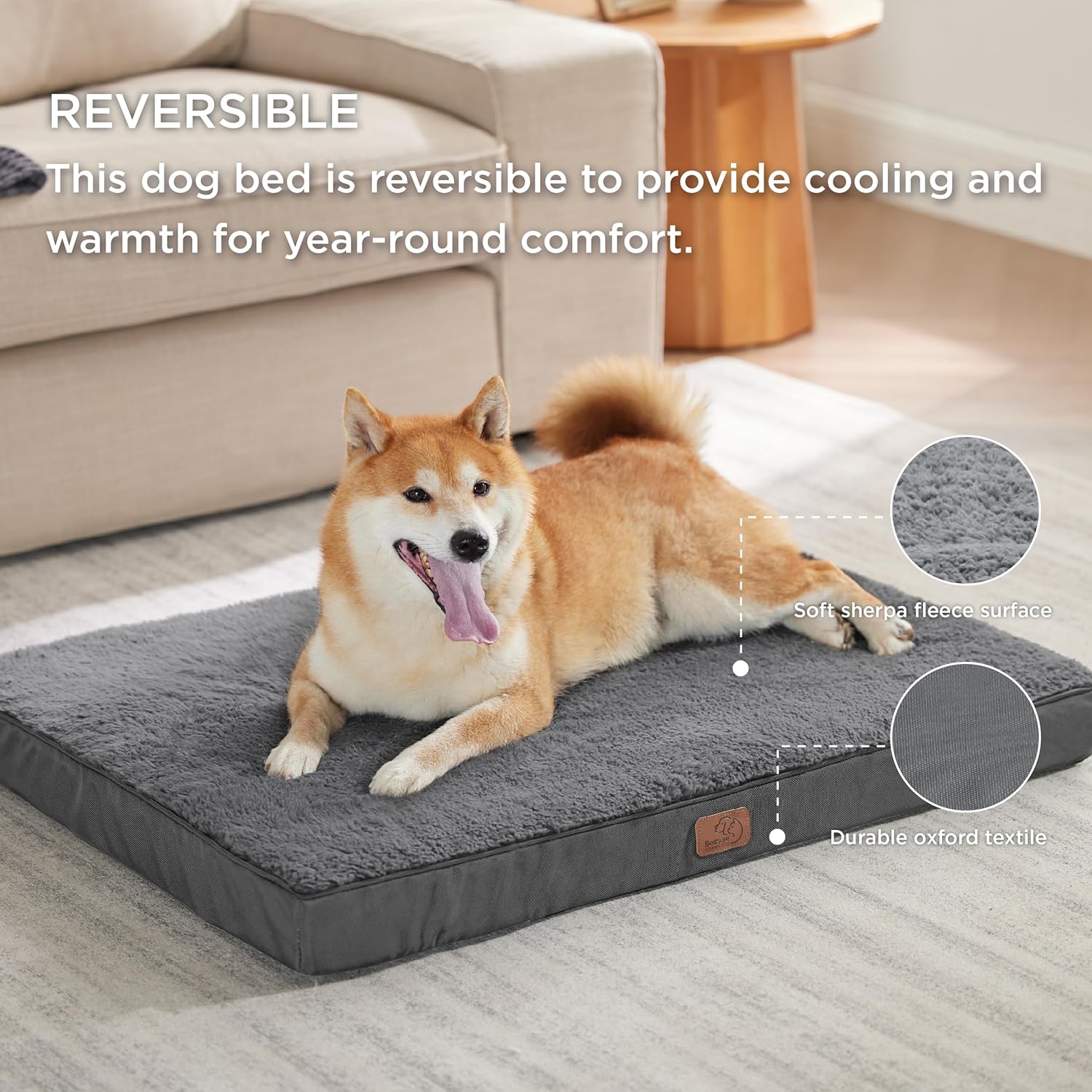 Bedsure Large Dog Bed Washable - Orthopedic Dog Bed and Mattress Mat for Dog Crate with Removable Plush Sherpa Cover, Gifts for Dog, Grey, 91x69x7.6cm-4