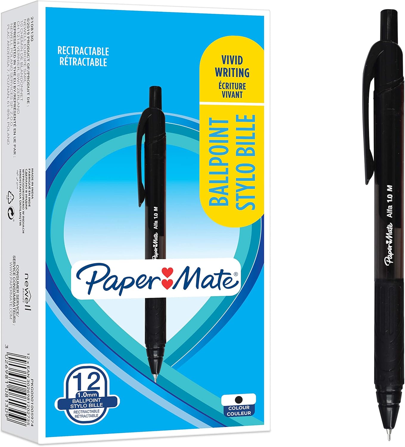 Paper Mate Alfa Retractable Ballpoint Pens | Medium Point (1.0 mm) | Black Ink | 12 Count-0