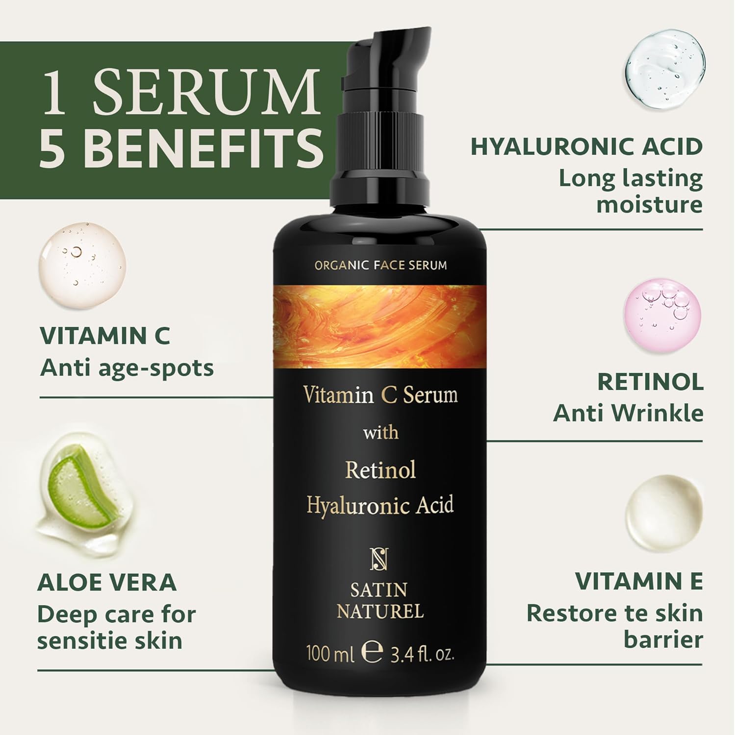 Vitamin C Serum for Face + Retinol + Hyaluronic Acid + Vitamin E 100ml - Anti Aging Face Serum for Women for Dark Spot, Smoothing Fine Lines and Wrinkles & Skin Brightening - Skincare by Satin Naturel-1