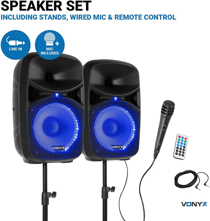 VONYX Bluetooth Active Speaker Set - House Party Speakers, Wireless Streaming, Powerful Bass, Ideal for House Parties, Events | Bluetooth Active Speaker, Bluetooth Party Speaker With Lights-3