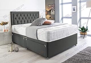 Sleep Factory's Charcoal Suede Chesterfield Divan Bed Set & Memory Foam Mattress 3FT Single 4FT6 Double 5FT King- (3.0FT (Single), No Drawers)