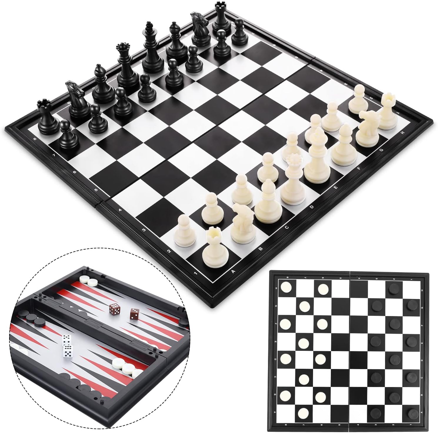 Peradix Chess Set | Backgammon | Draughts Board Game 3 in 1 Set | Magnetic Travel Chess Board Checkers Pieces | Educational Toys Strategy Games For Kids and Adults-0