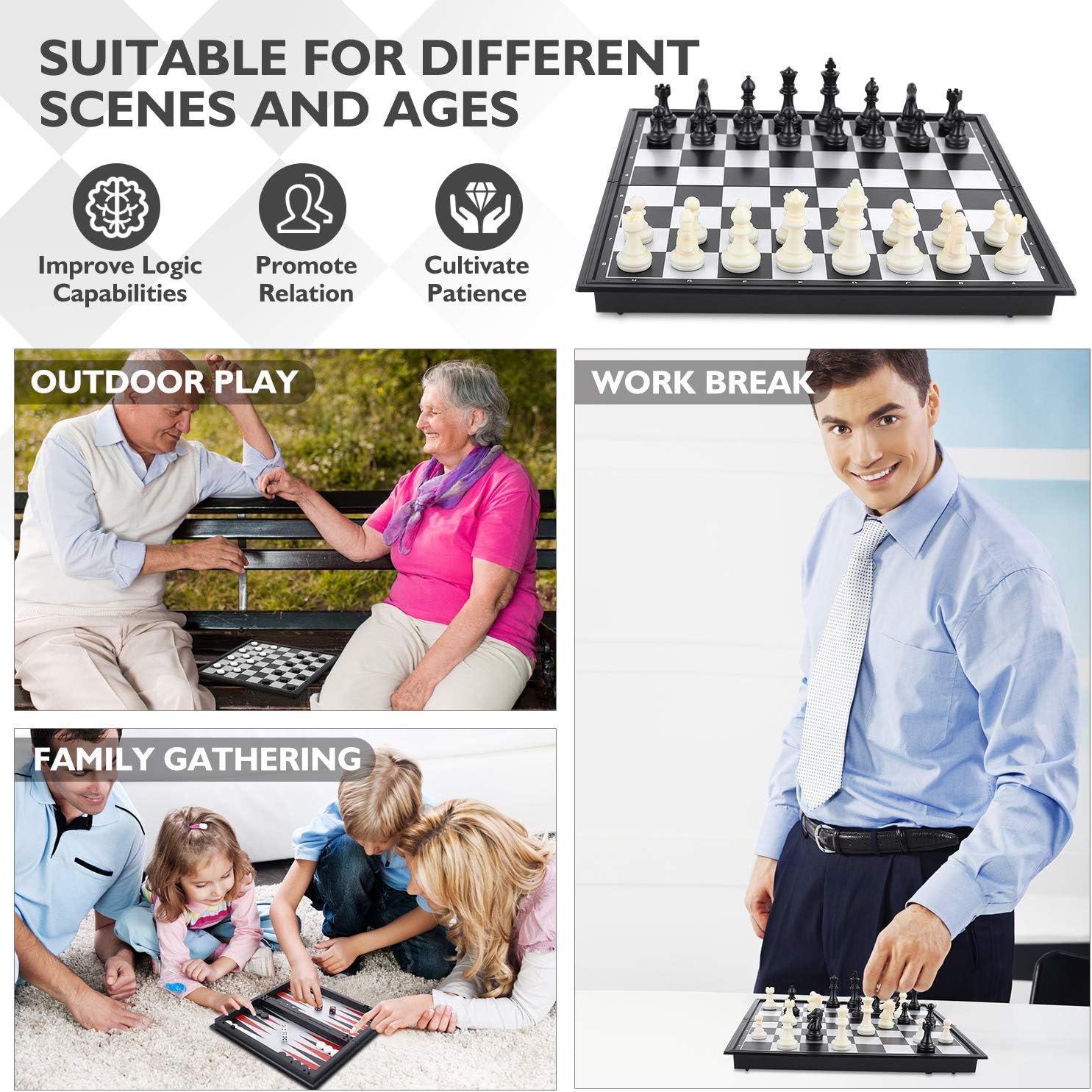 Peradix Chess Set | Backgammon | Draughts Board Game 3 in 1 Set | Magnetic Travel Chess Board Checkers Pieces | Educational Toys Strategy Games For Kids and Adults-5