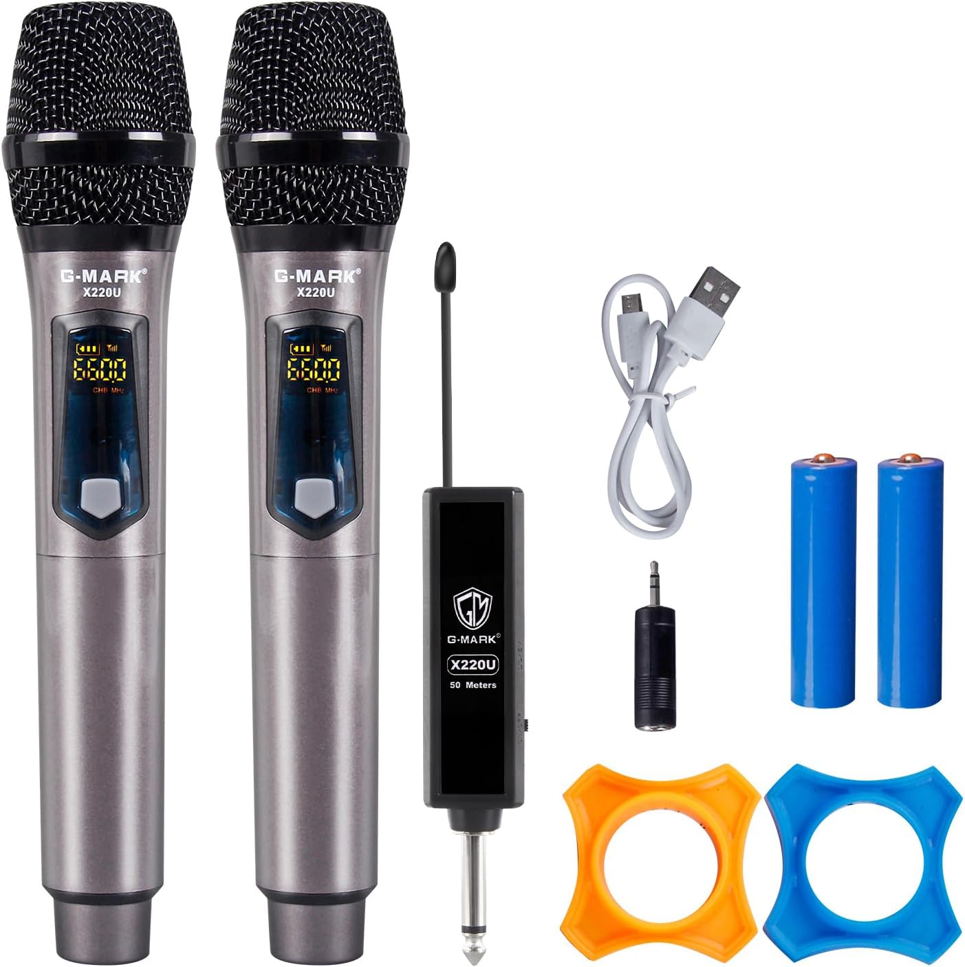 G-MARK Wireless Microphone, UHF Dual Handheld Dynamic Mic System with Rechargeable Microphones and Receiver, 200 ft Range, 1/4‘’Output, for Karaoke, Church, Speech, Party Singing-Auto Connect-0