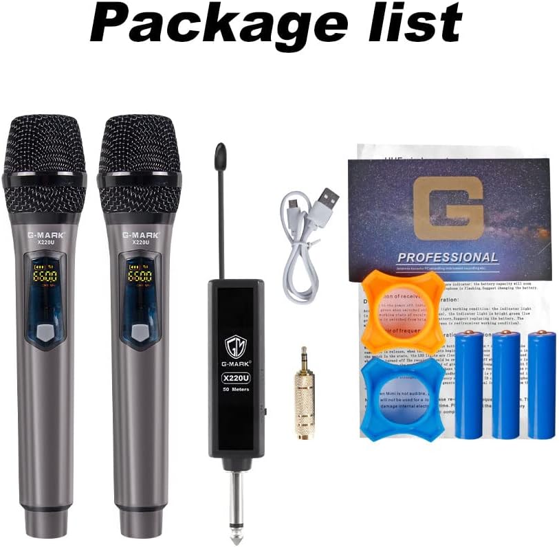 G-MARK Wireless Microphone, UHF Dual Handheld Dynamic Mic System with Rechargeable Microphones and Receiver, 200 ft Range, 1/4‘’Output, for Karaoke, Church, Speech, Party Singing-Auto Connect-7