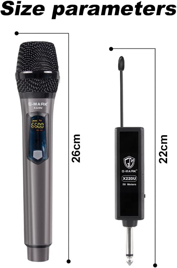 G-MARK Wireless Microphone, UHF Dual Handheld Dynamic Mic System with Rechargeable Microphones and Receiver, 200 ft Range, 1/4‘’Output, for Karaoke, Church, Speech, Party Singing-Auto Connect-8