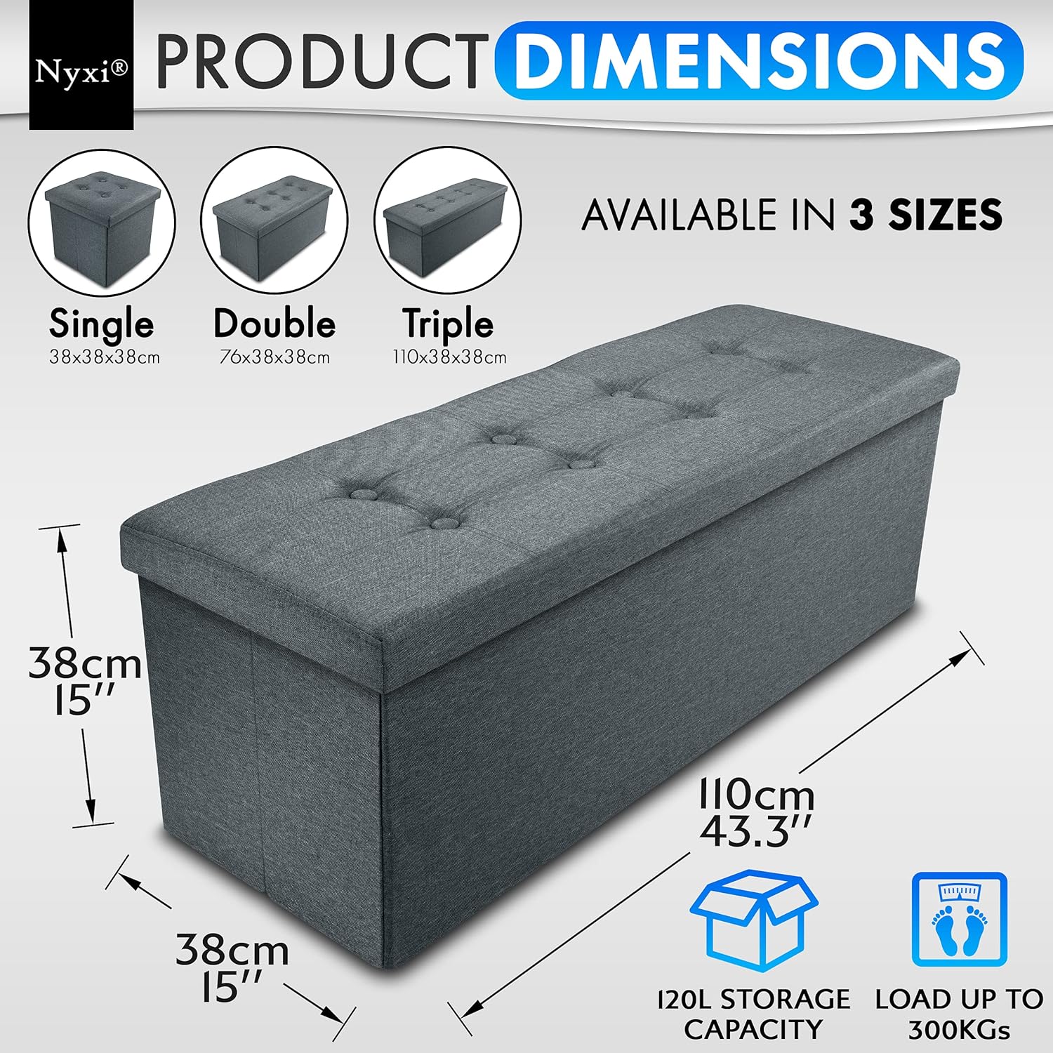 Nyxi Ottoman 110 * 38 * 38cm Foldable Storage Boxes Seat Foot Stool Storage Box with Lids for Kids Toys, Bedroom, Hallway, Living Room Dark Grey-2