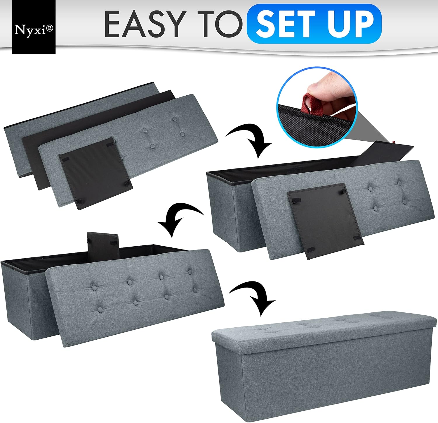 Nyxi Ottoman 110 * 38 * 38cm Foldable Storage Boxes Seat Foot Stool Storage Box with Lids for Kids Toys, Bedroom, Hallway, Living Room Dark Grey-5