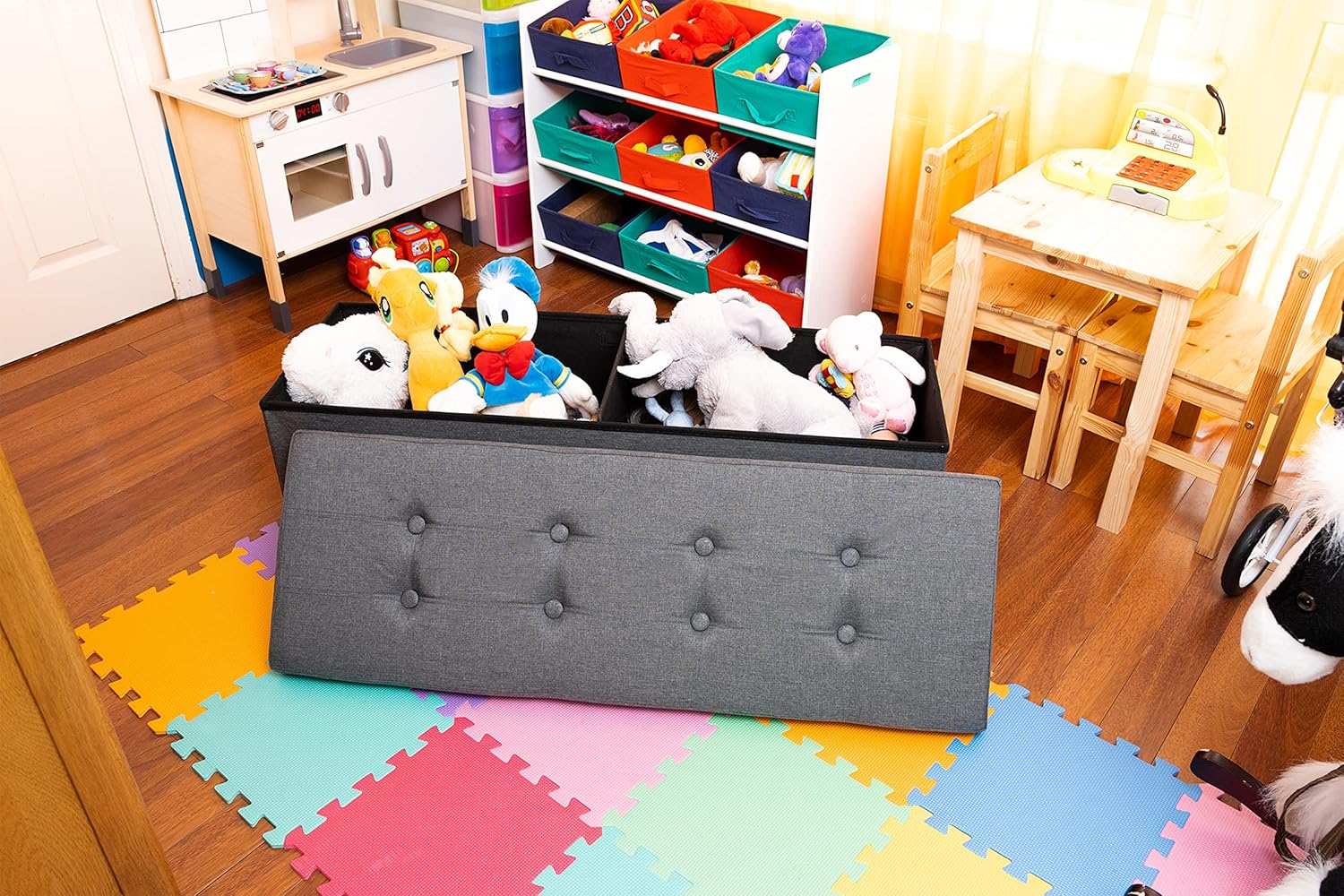 Nyxi Ottoman 110 * 38 * 38cm Foldable Storage Boxes Seat Foot Stool Storage Box with Lids for Kids Toys, Bedroom, Hallway, Living Room Dark Grey-6