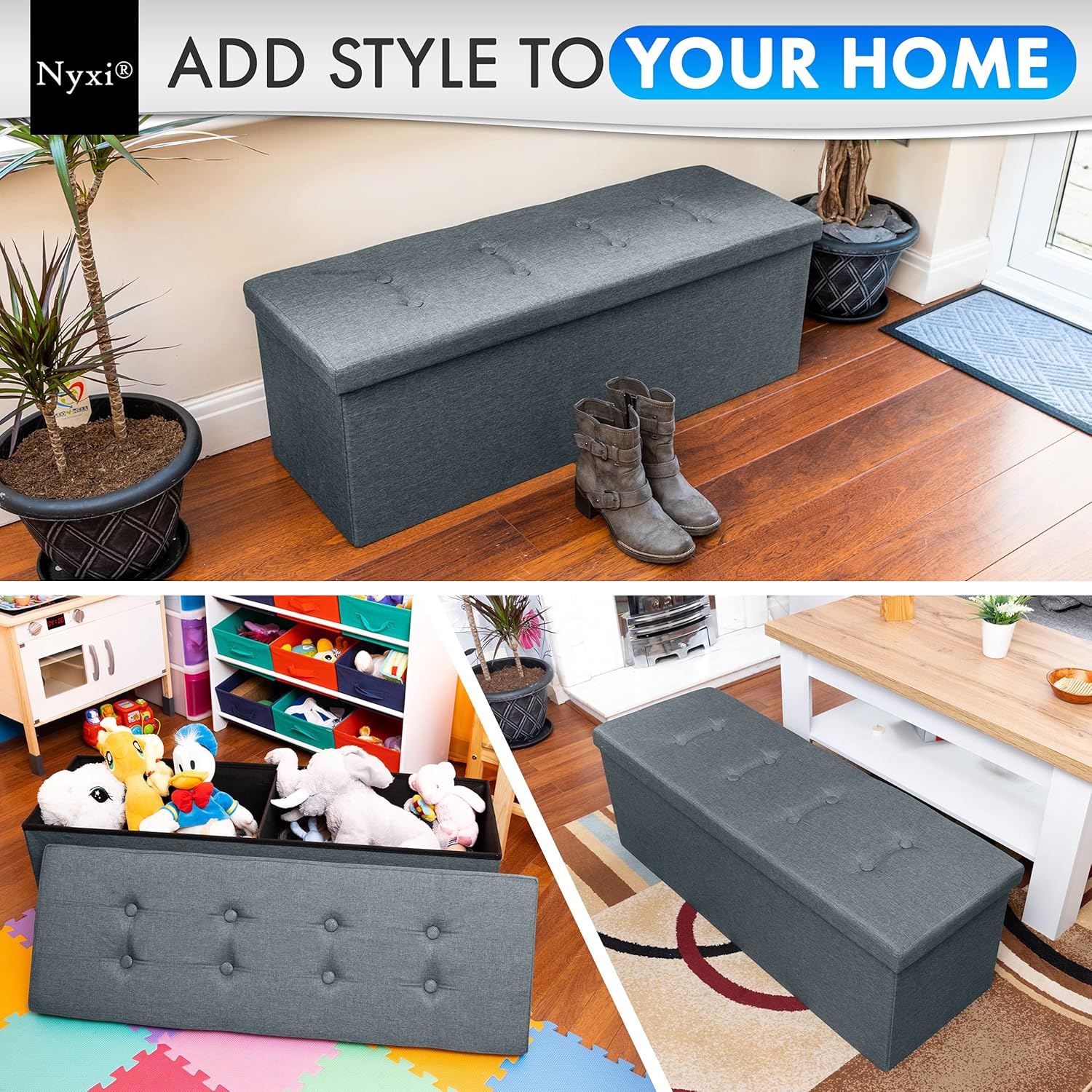 Nyxi Ottoman 110 * 38 * 38cm Foldable Storage Boxes Seat Foot Stool Storage Box with Lids for Kids Toys, Bedroom, Hallway, Living Room Dark Grey-8