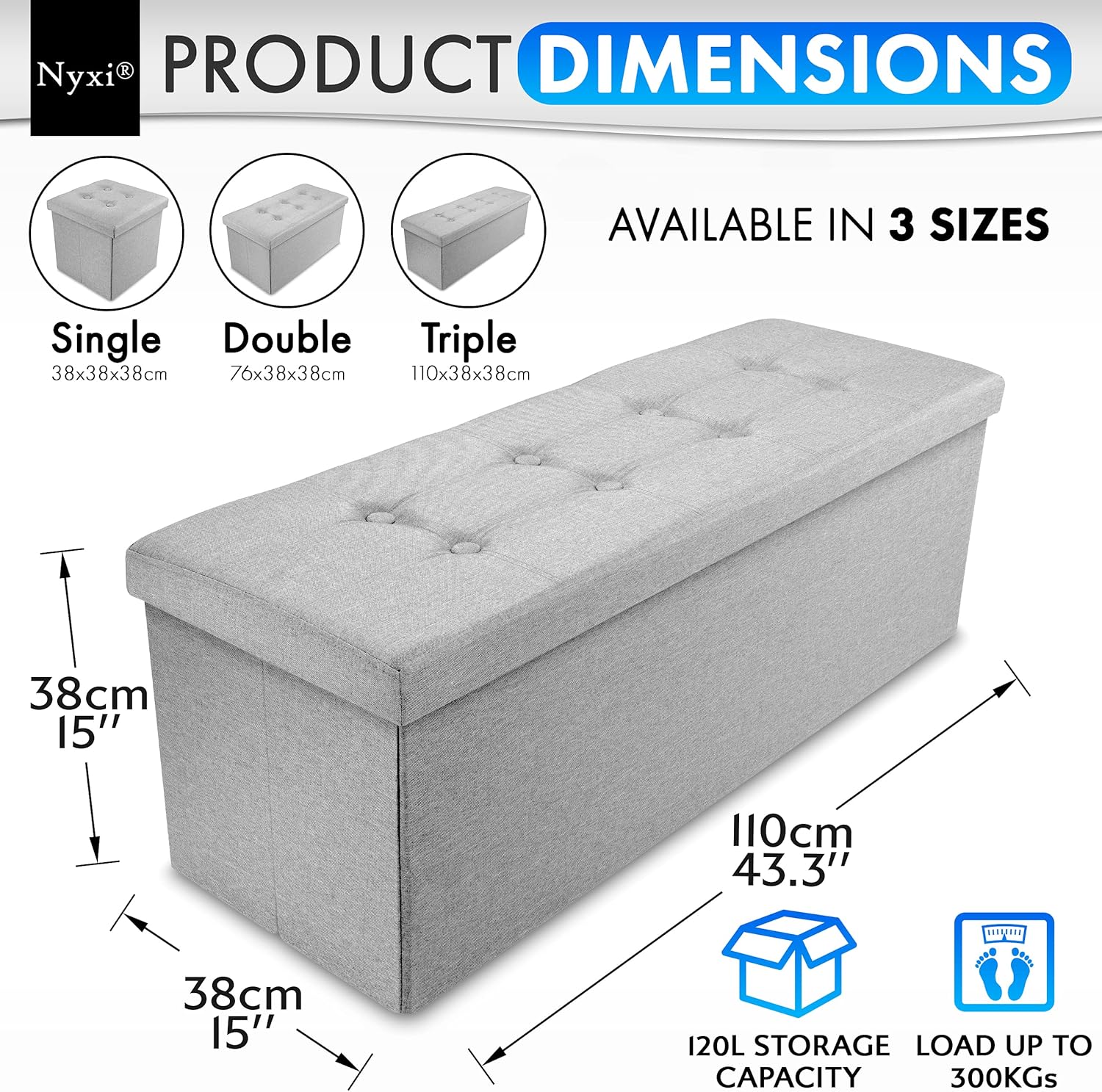 Nyxi Ottoman 110 * 38 * 38cm Foldable Storage Boxes Seat Foot Stool Storage Box with Lids for Kids Toys, Bedroom, Hallway, Living Room Light Grey-1