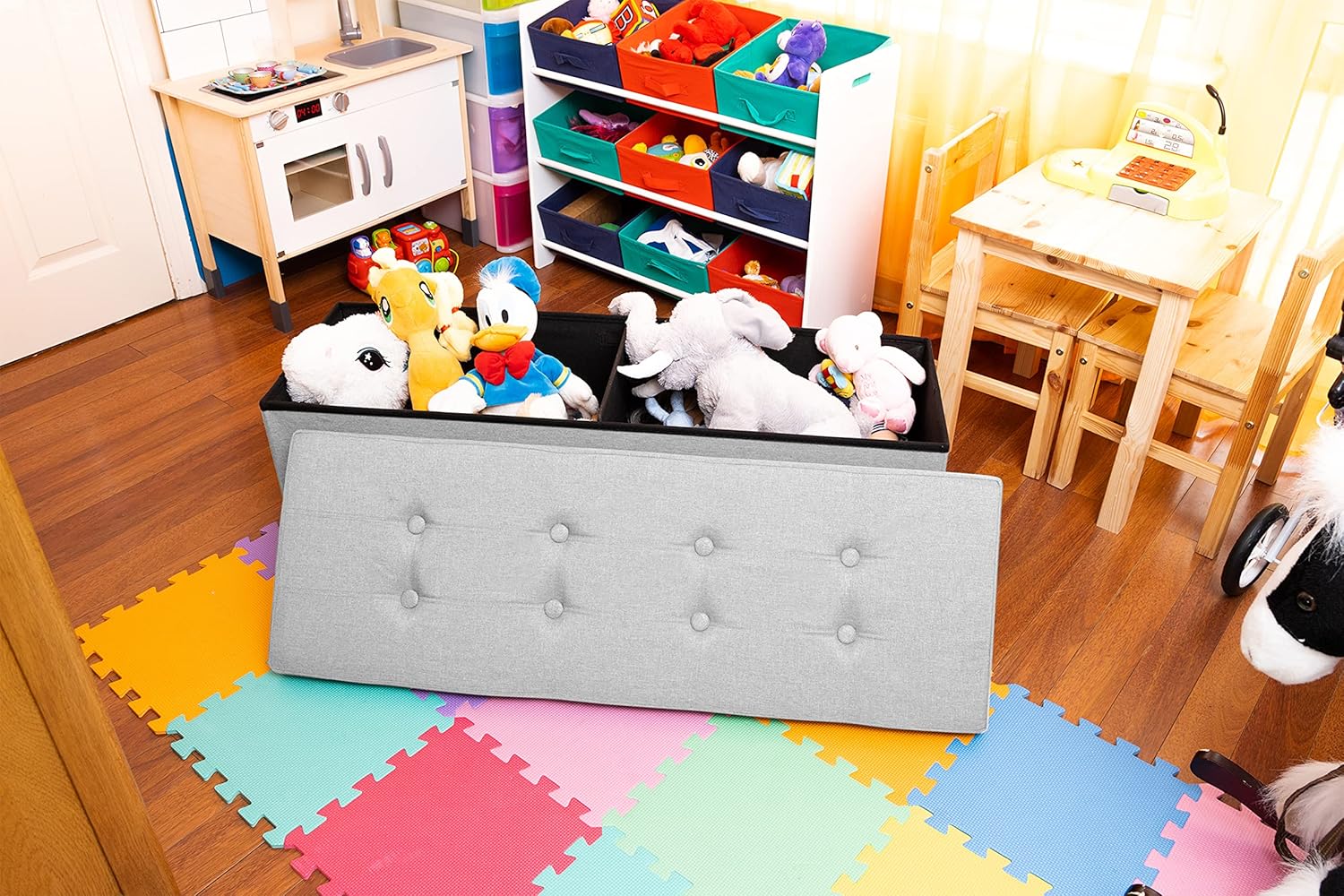 Nyxi Ottoman 110 * 38 * 38cm Foldable Storage Boxes Seat Foot Stool Storage Box with Lids for Kids Toys, Bedroom, Hallway, Living Room Light Grey-6