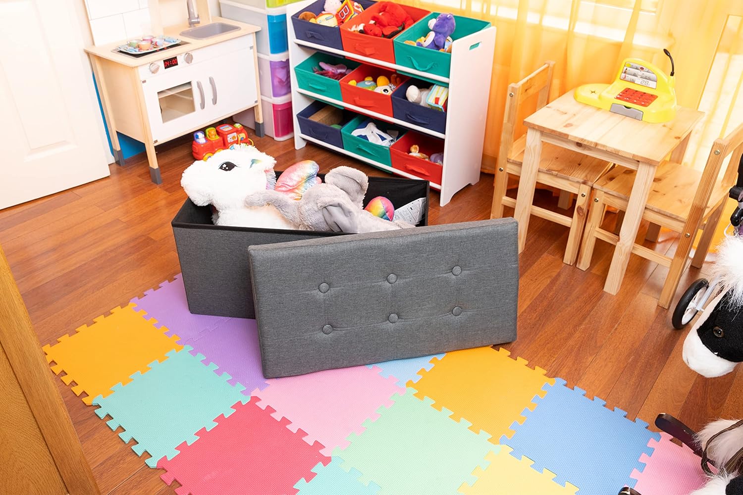 Nyxi Ottoman 76 * 38 * 38cm Foldable Storage Boxes Seat Foot Stool Storage Box with Lids for Kids Toys, Bedroom, Hallway, Living Room Dark Grey-1