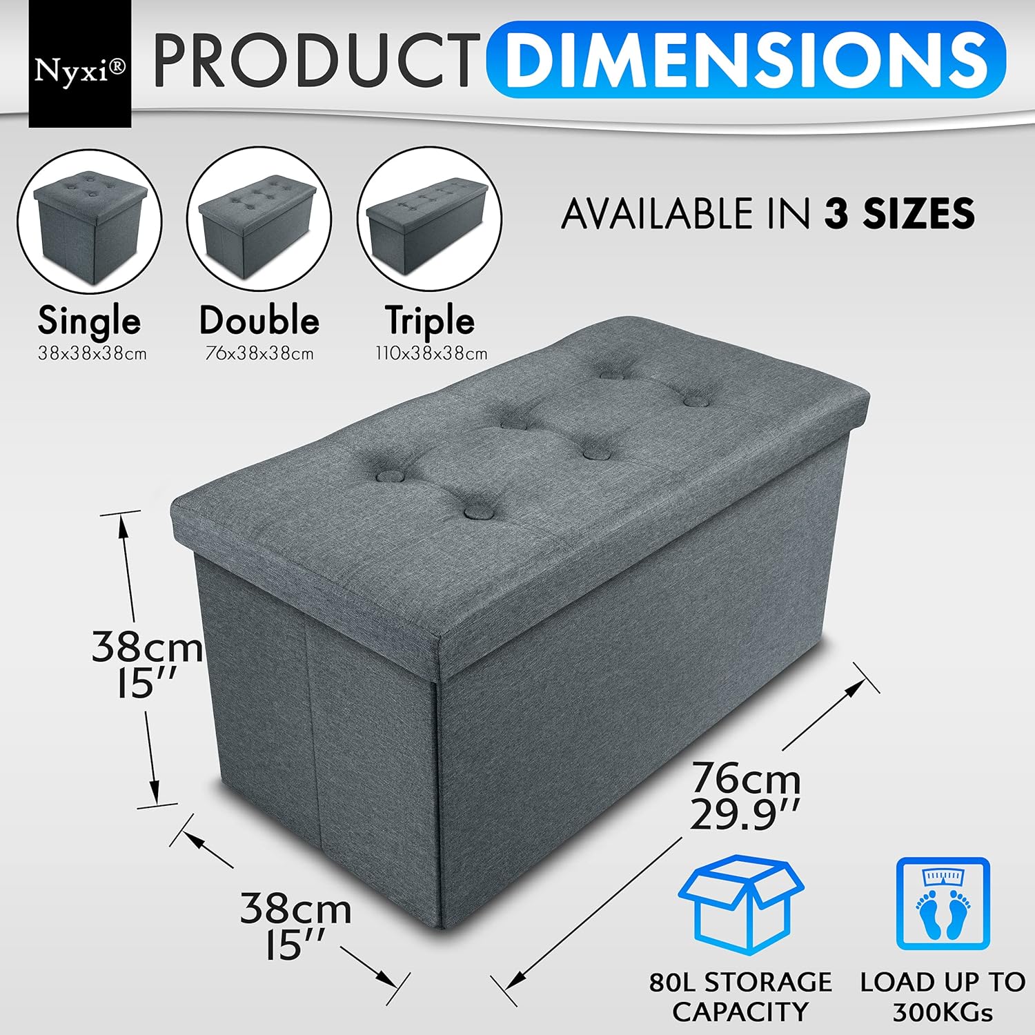 Nyxi Ottoman 76 * 38 * 38cm Foldable Storage Boxes Seat Foot Stool Storage Box with Lids for Kids Toys, Bedroom, Hallway, Living Room Dark Grey-2