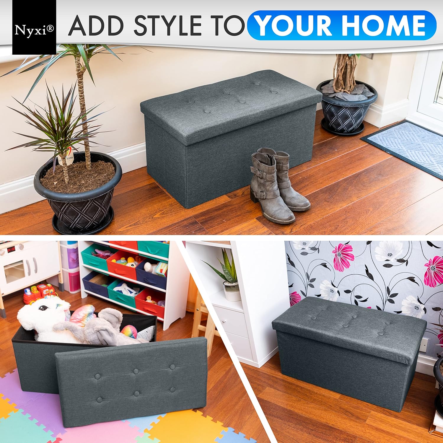 Nyxi Ottoman 76 * 38 * 38cm Foldable Storage Boxes Seat Foot Stool Storage Box with Lids for Kids Toys, Bedroom, Hallway, Living Room Dark Grey-9