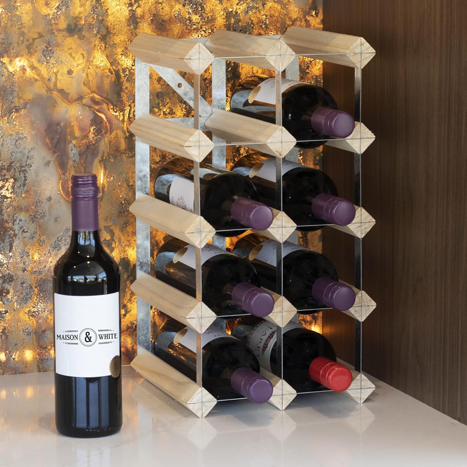 Maison & White Wood & Metal Wine Rack | 4x2 Industrial Rack | 10-12 Bottle Capacity | Champagne, Wine and Spirit Bottles | Free Standing or Wall Mounted | M&W-1