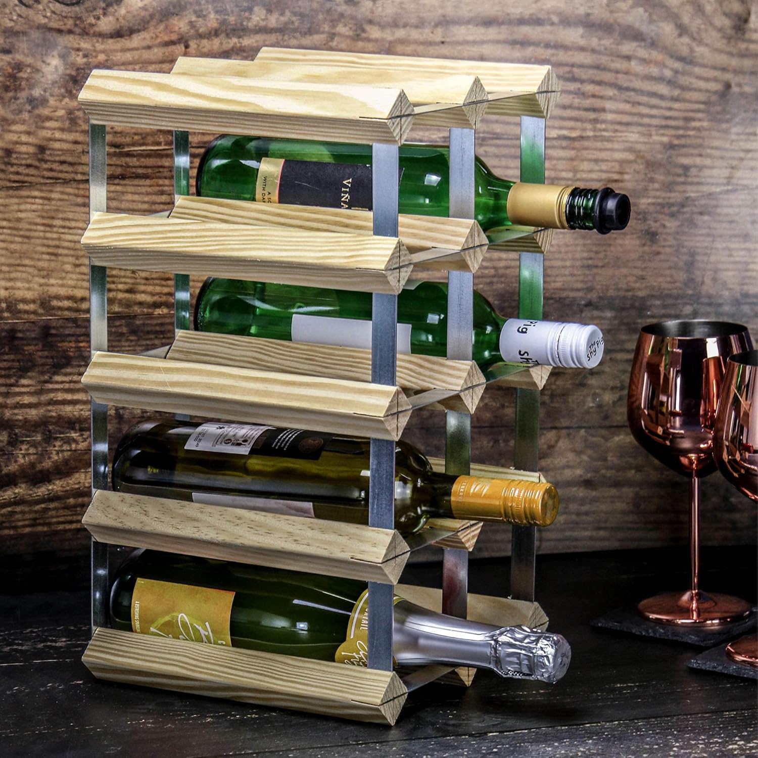 Maison & White Wood & Metal Wine Rack | 4x2 Industrial Rack | 10-12 Bottle Capacity | Champagne, Wine and Spirit Bottles | Free Standing or Wall Mounted | M&W-5